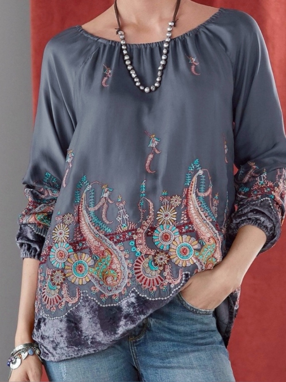 Sundance Paisley Embroidered Peasant Tunic Top